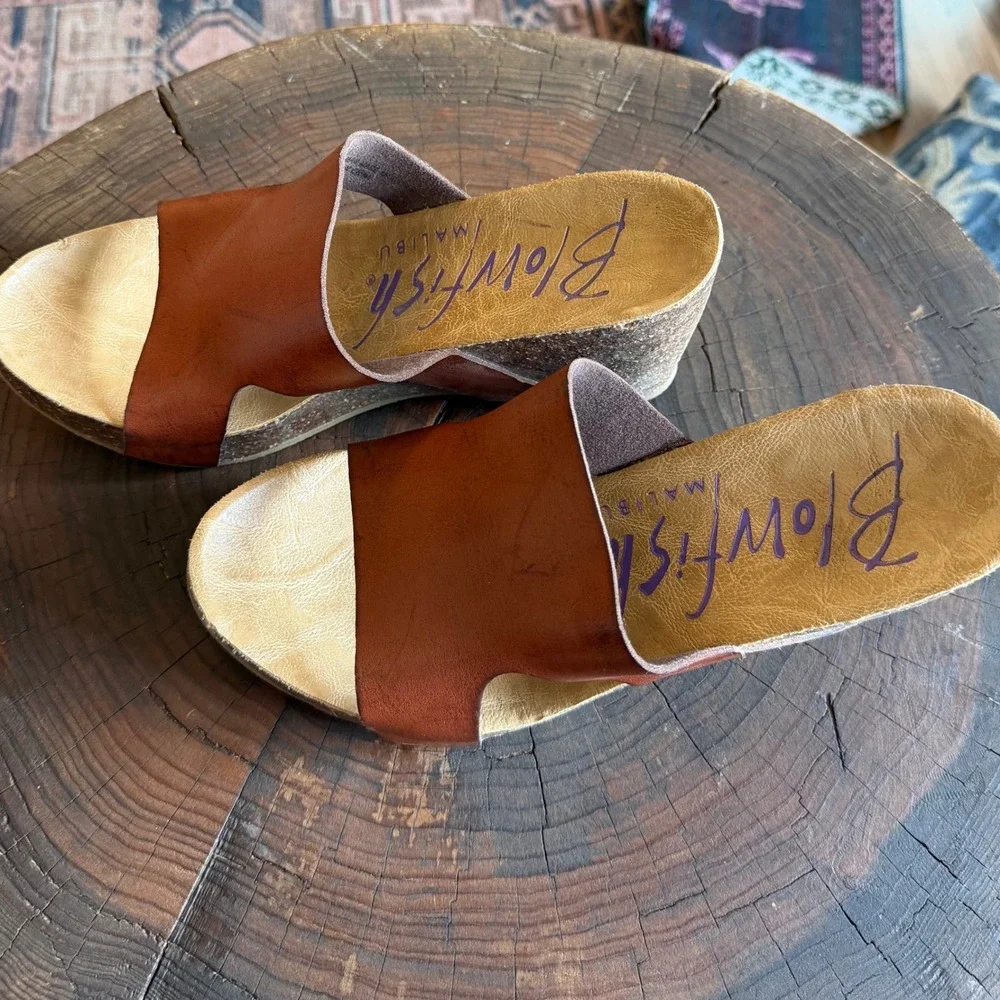 Blowfish Malibu Womens Brown Faux Leather Cork Wedge Platform Slide Sandals 8.5
